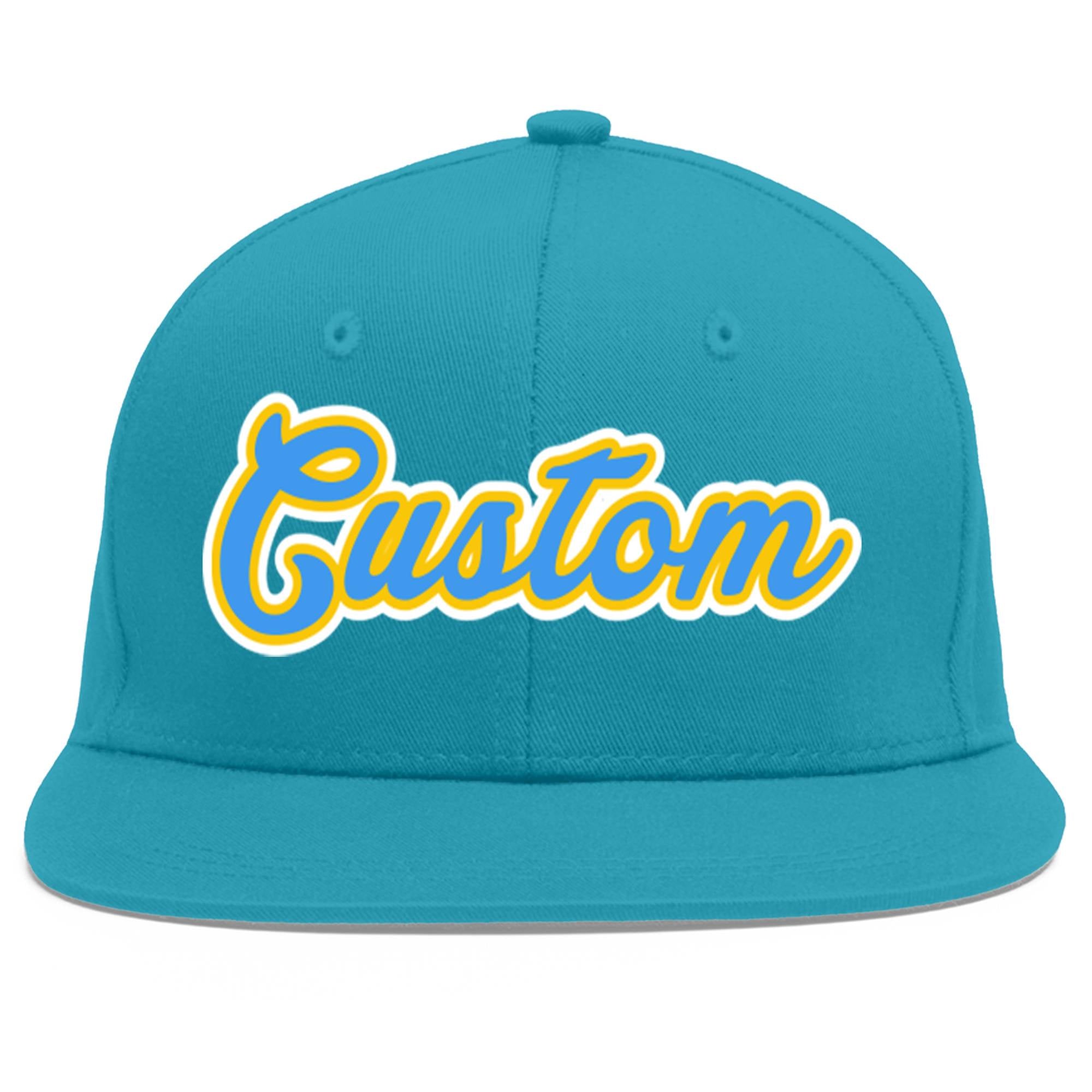 Custom Aqua Powder Blue-Gold Flat Eaves Sport Baseball Cap