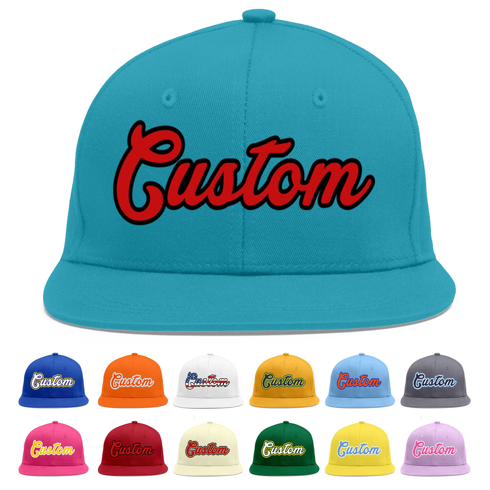 Custom Aqua Red-Black Flat Eaves Sport Baseball Cap