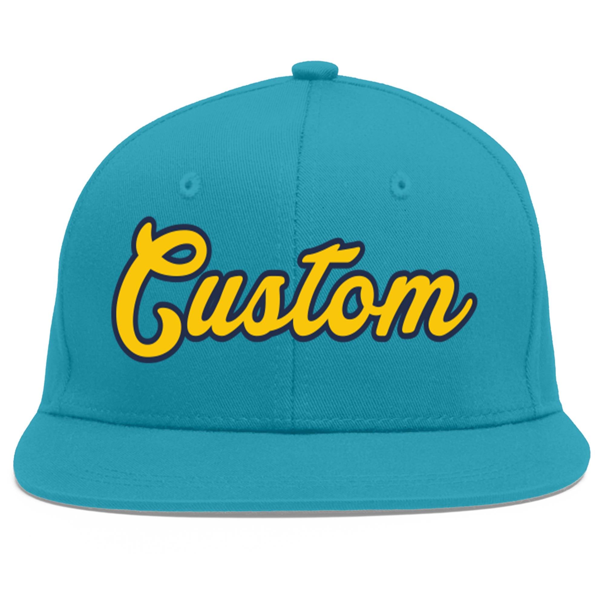 Custom Aqua Gold-Navy Flat Eaves Sport Baseball Cap