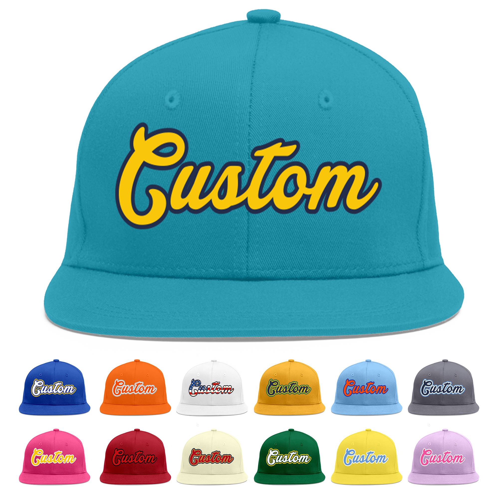 Custom Aqua Gold-Navy Flat Eaves Sport Baseball Cap