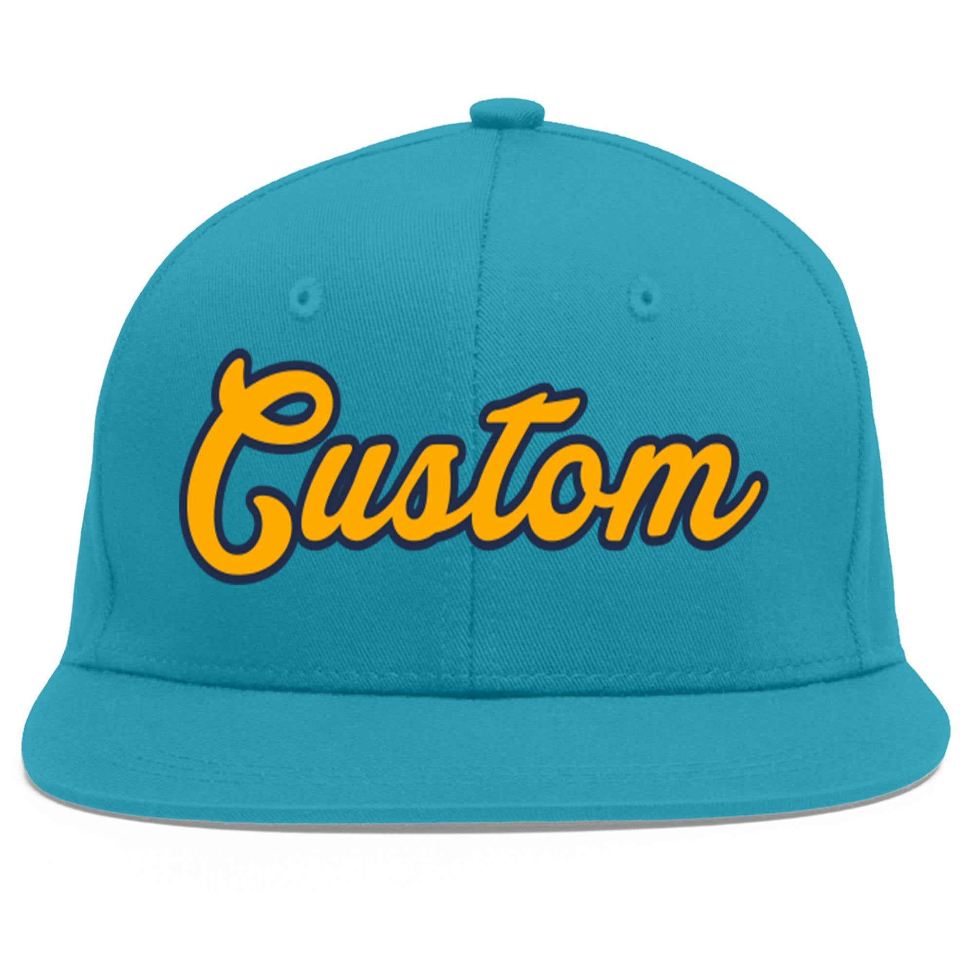 Custom Aqua Yellow-Navy Flat Eaves Sport Baseball Cap