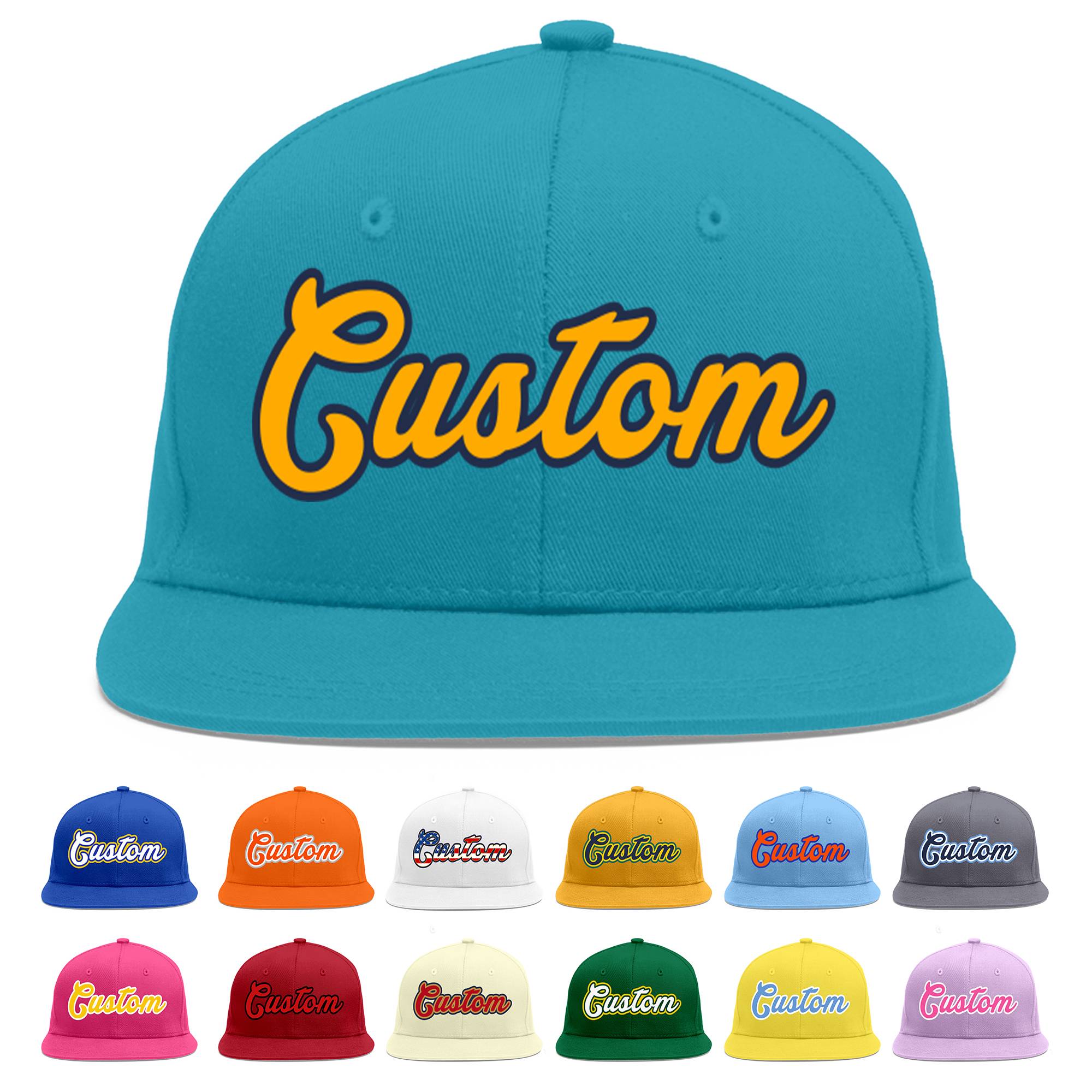 Custom Aqua Yellow-Navy Flat Eaves Sport Baseball Cap