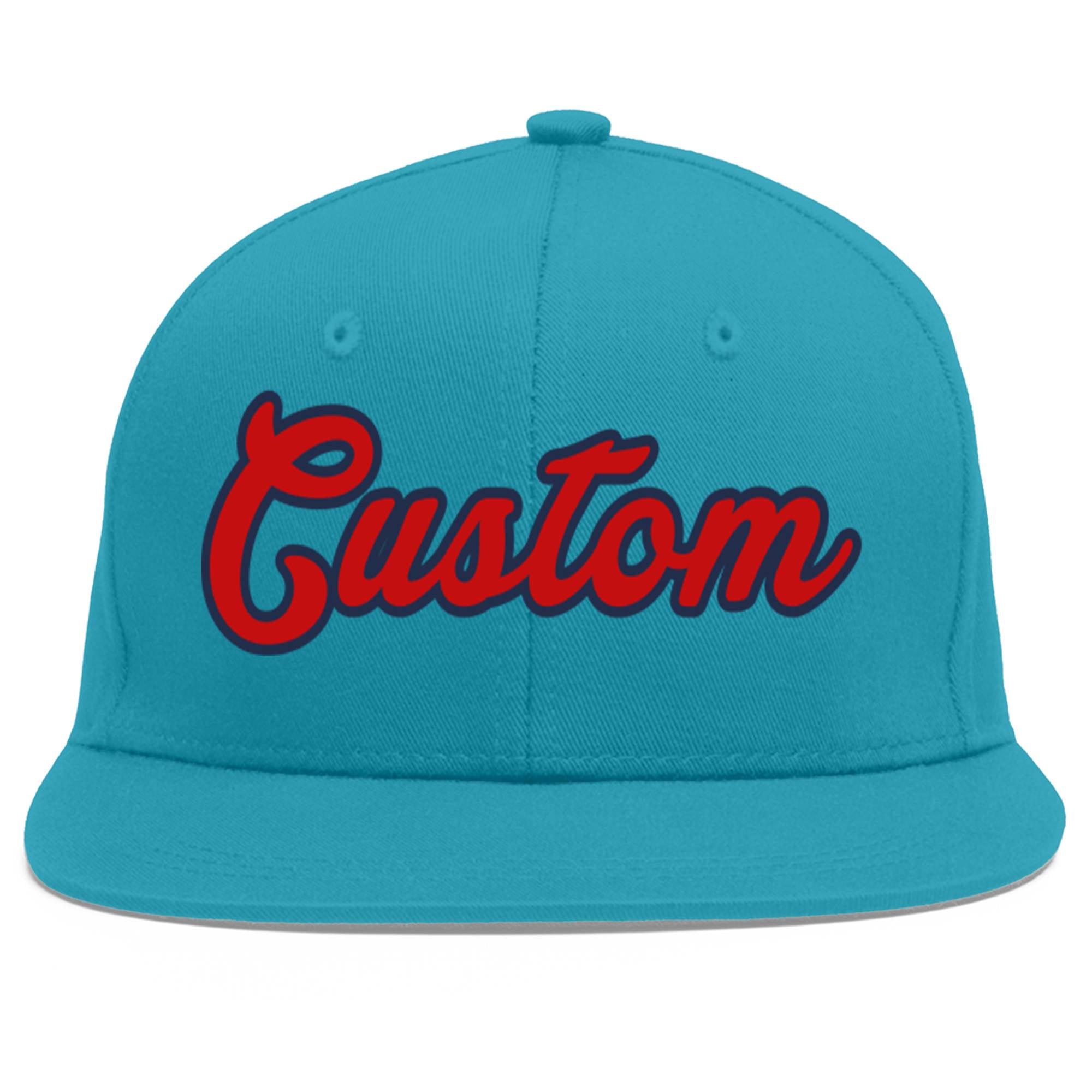 Custom Aqua Red-Navy Flat Eaves Sport Baseball Cap