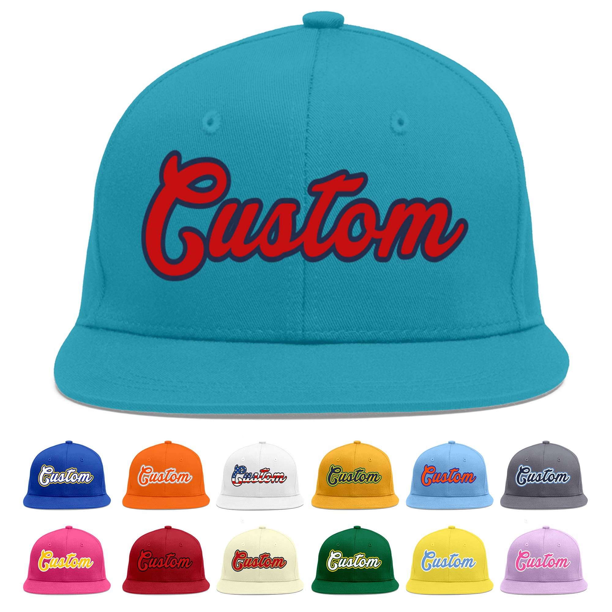 Custom Aqua Red-Navy Flat Eaves Sport Baseball Cap