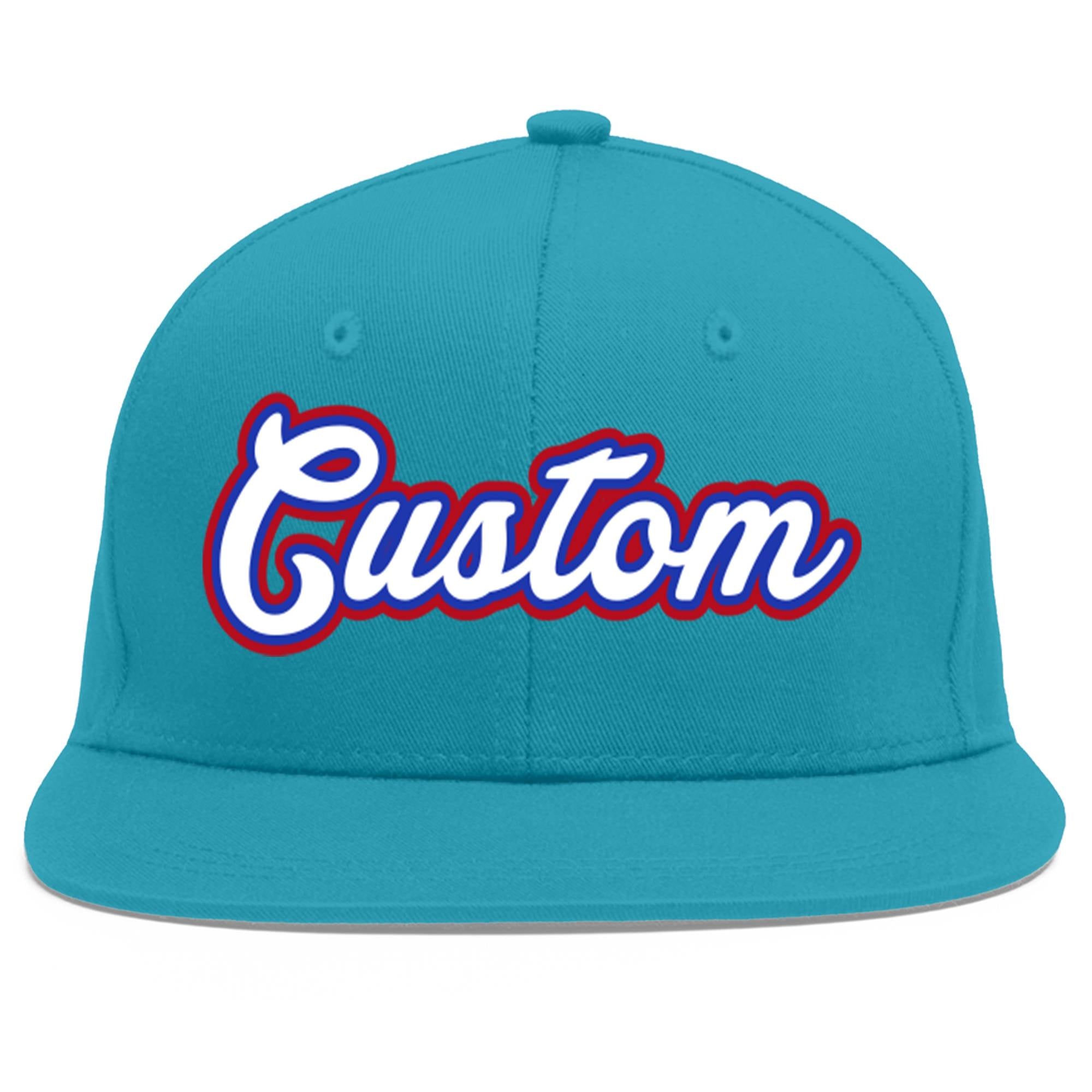 Custom Aqua White-Royal Flat Eaves Sport Baseball Cap