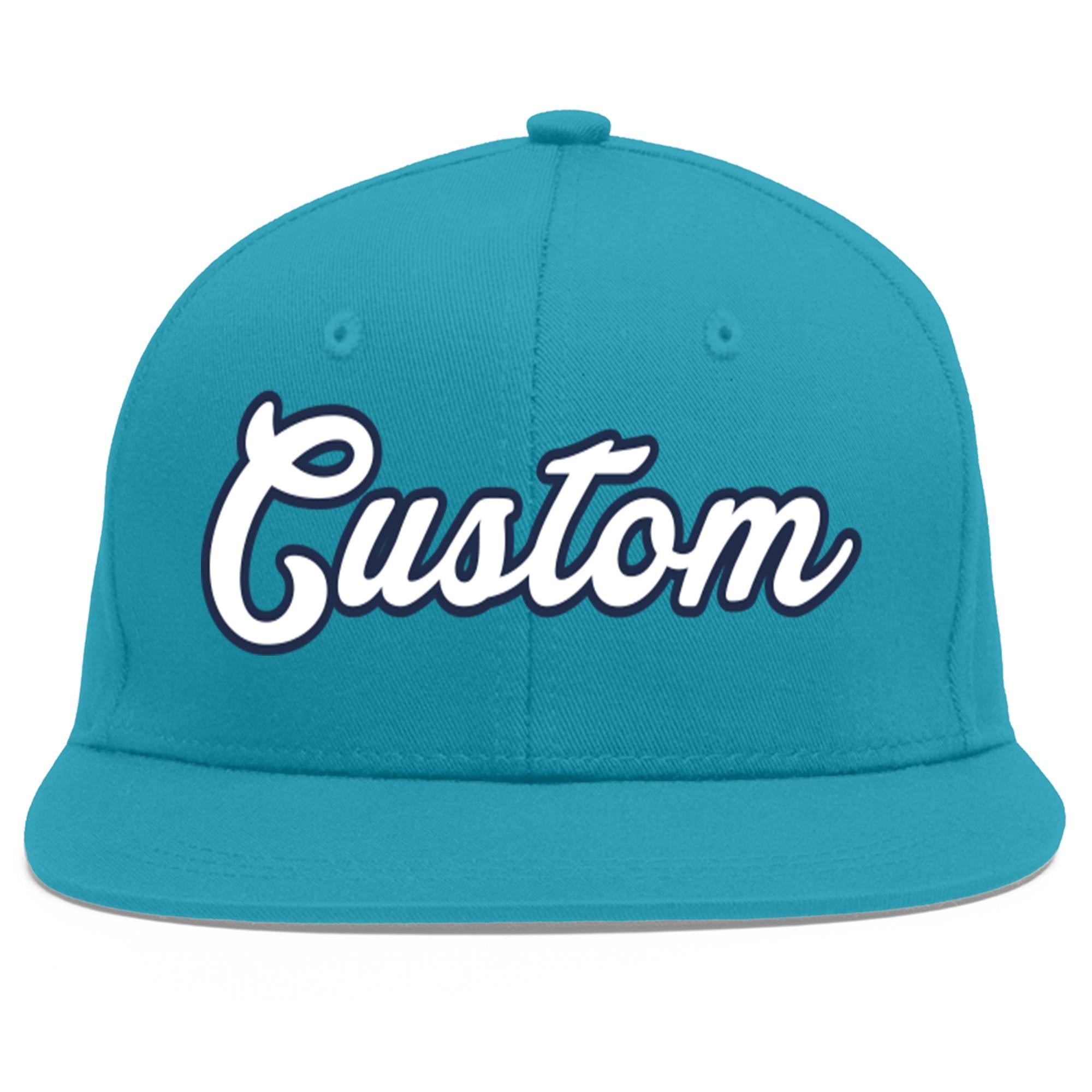 Custom Aqua White-Navy Flat Eaves Sport Baseball Cap