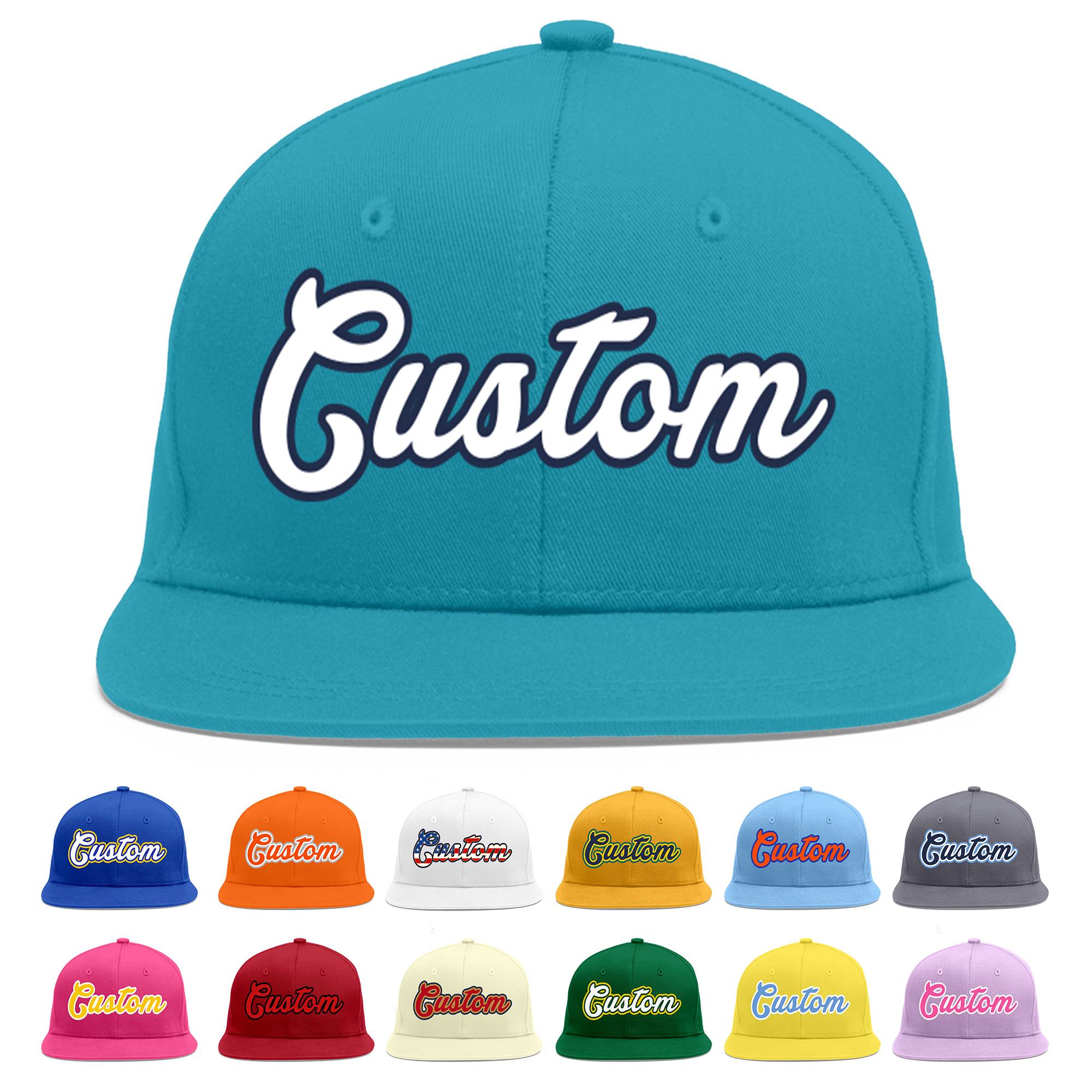 Custom Aqua White-Navy Flat Eaves Sport Baseball Cap