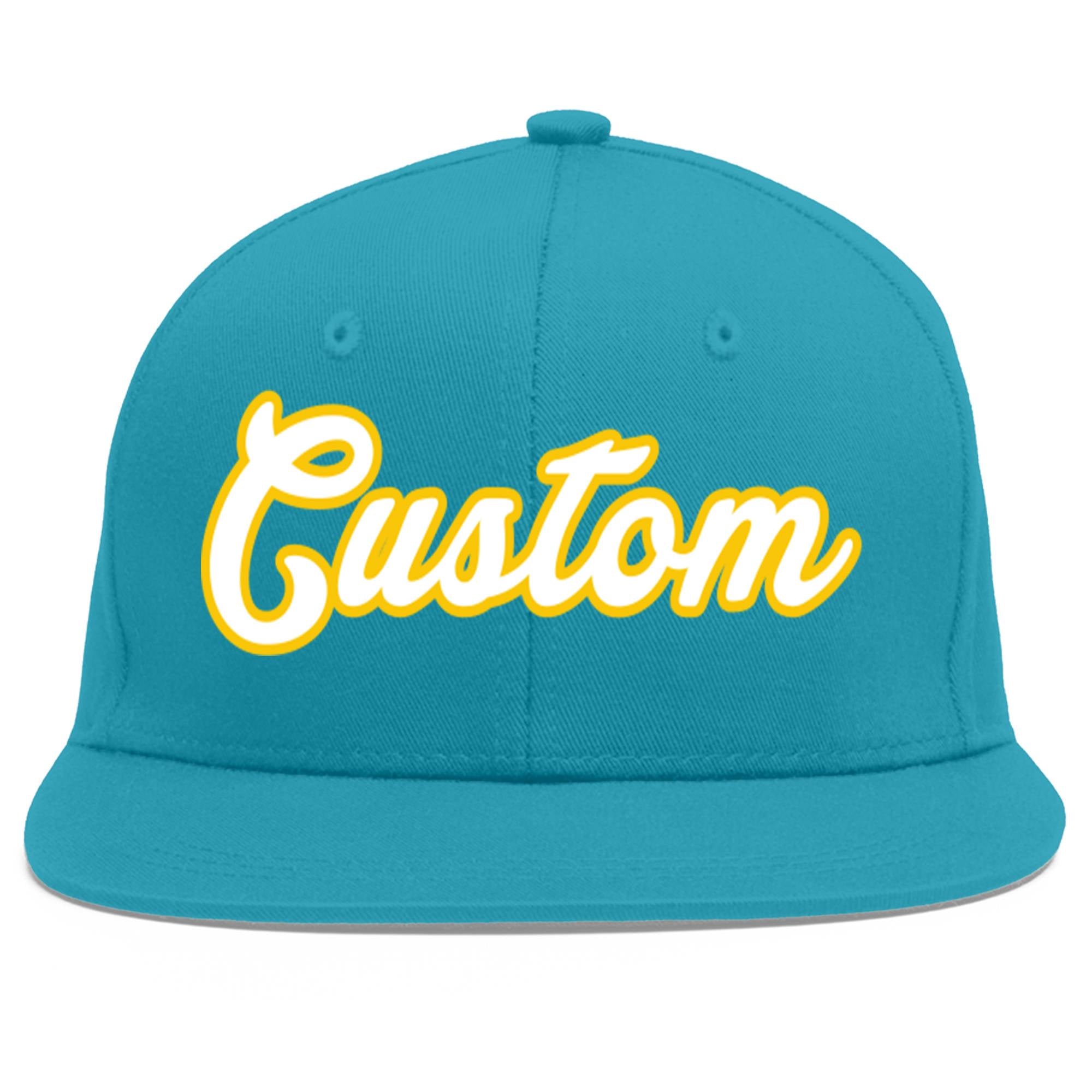 Casquette de baseball sport personnalisée Aqua White-Gold Flat Eaves