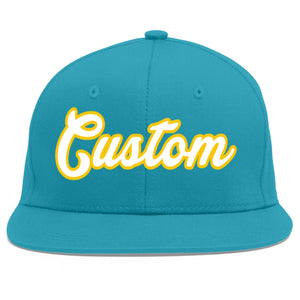 Custom Aqua White-Gold Flat Eaves Sport Baseball Cap