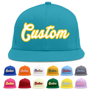 Custom Aqua White-Gold Flat Eaves Sport Baseball Cap