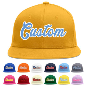 Custom Gold Light Blue-White Flat Eaves Sport Baseball Cap