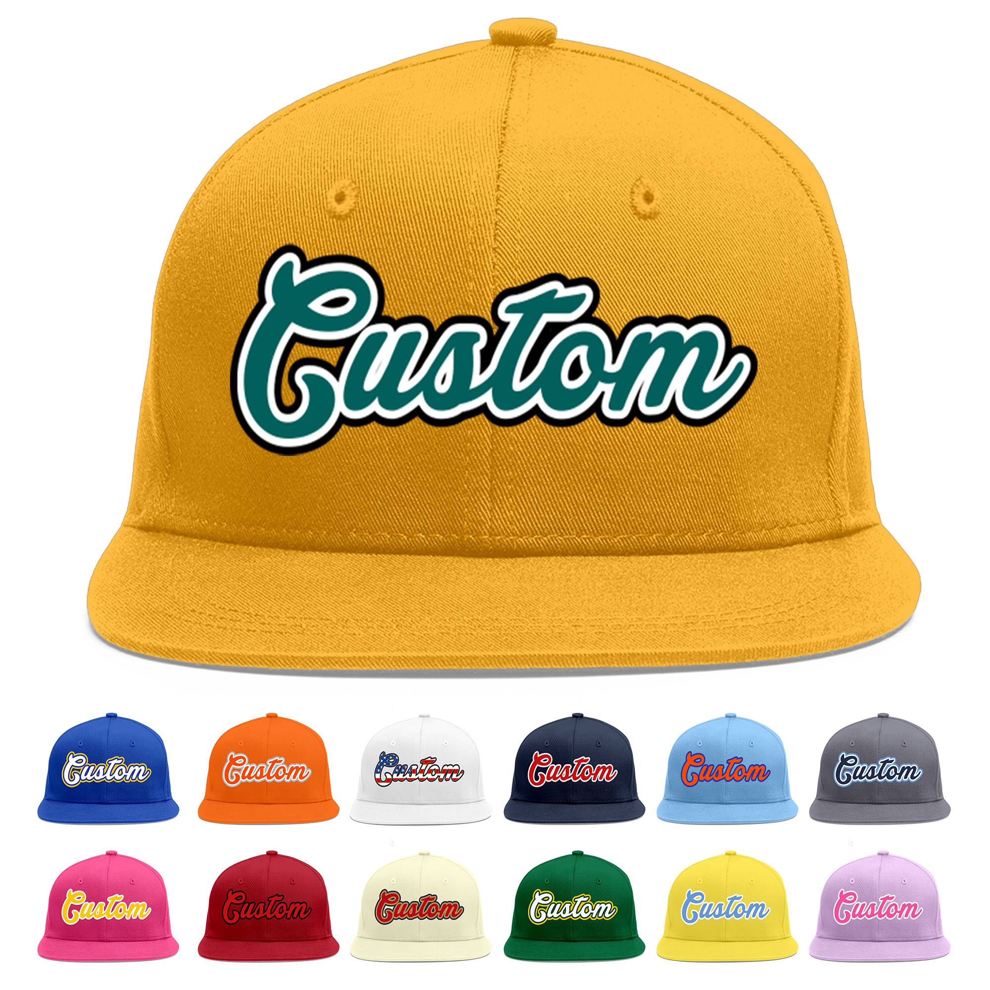 Casquette de baseball personnalisée Gold Aqua-White Flat Eaves Sport