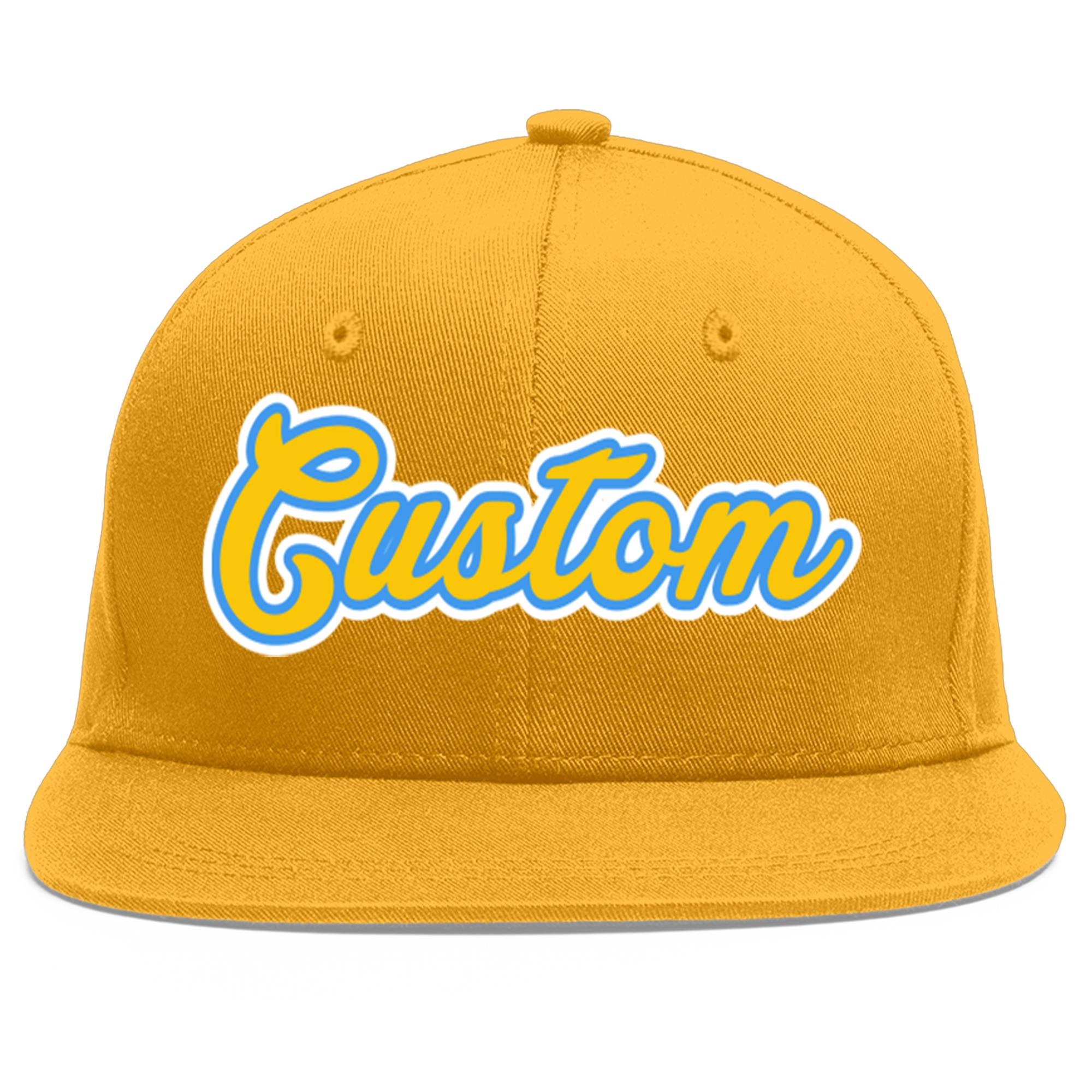 Custom Gold Gold-Powder Blue Flat Eaves Sport Baseball Cap