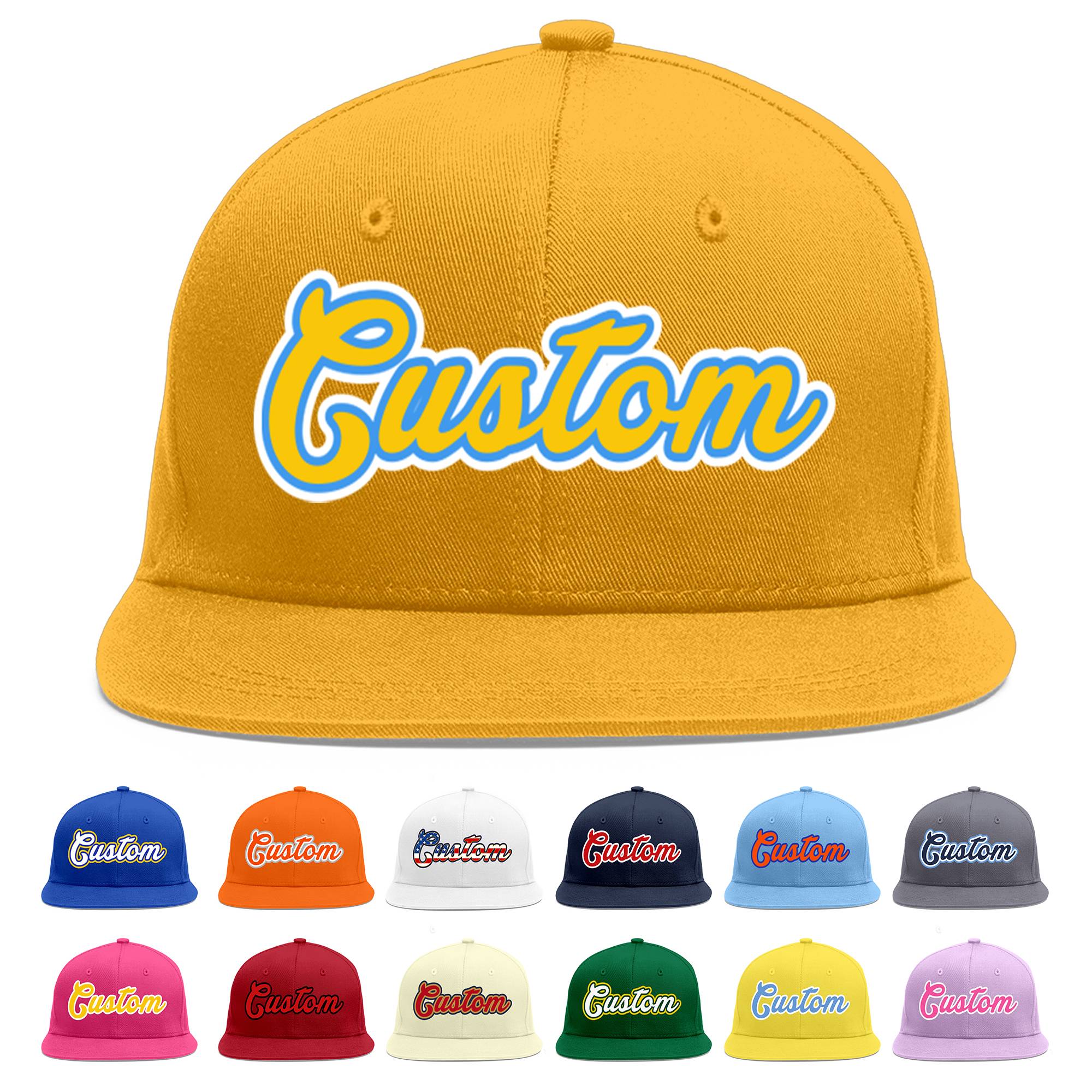 Custom Gold Gold-Powder Blue Flat Eaves Sport Baseball Cap