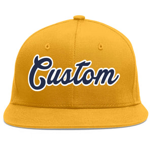 Custom Gold Navy-White Flat Eaves Sport Baseball Cap