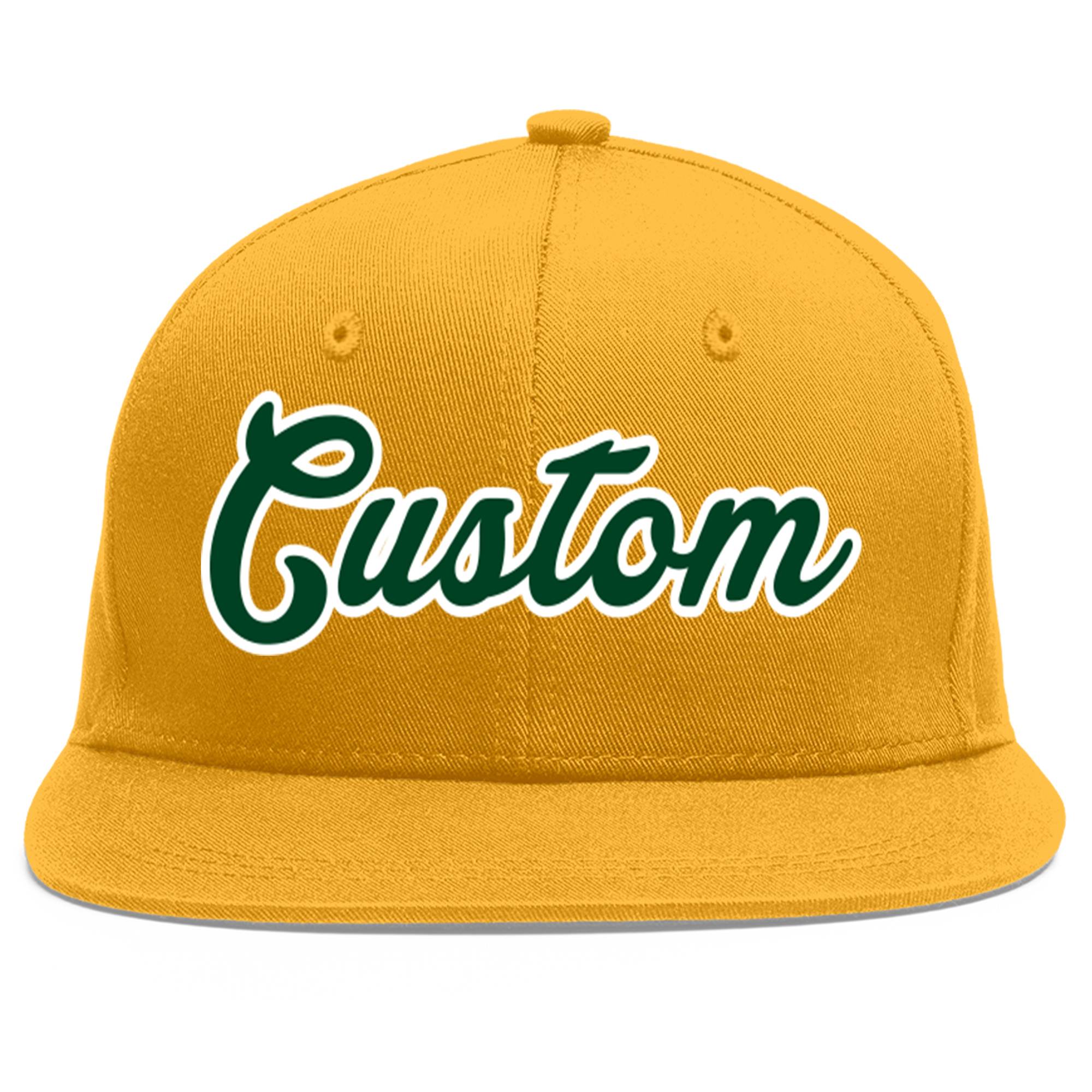 Custom Gold Green-White Flat Eaves Sport Baseball Cap