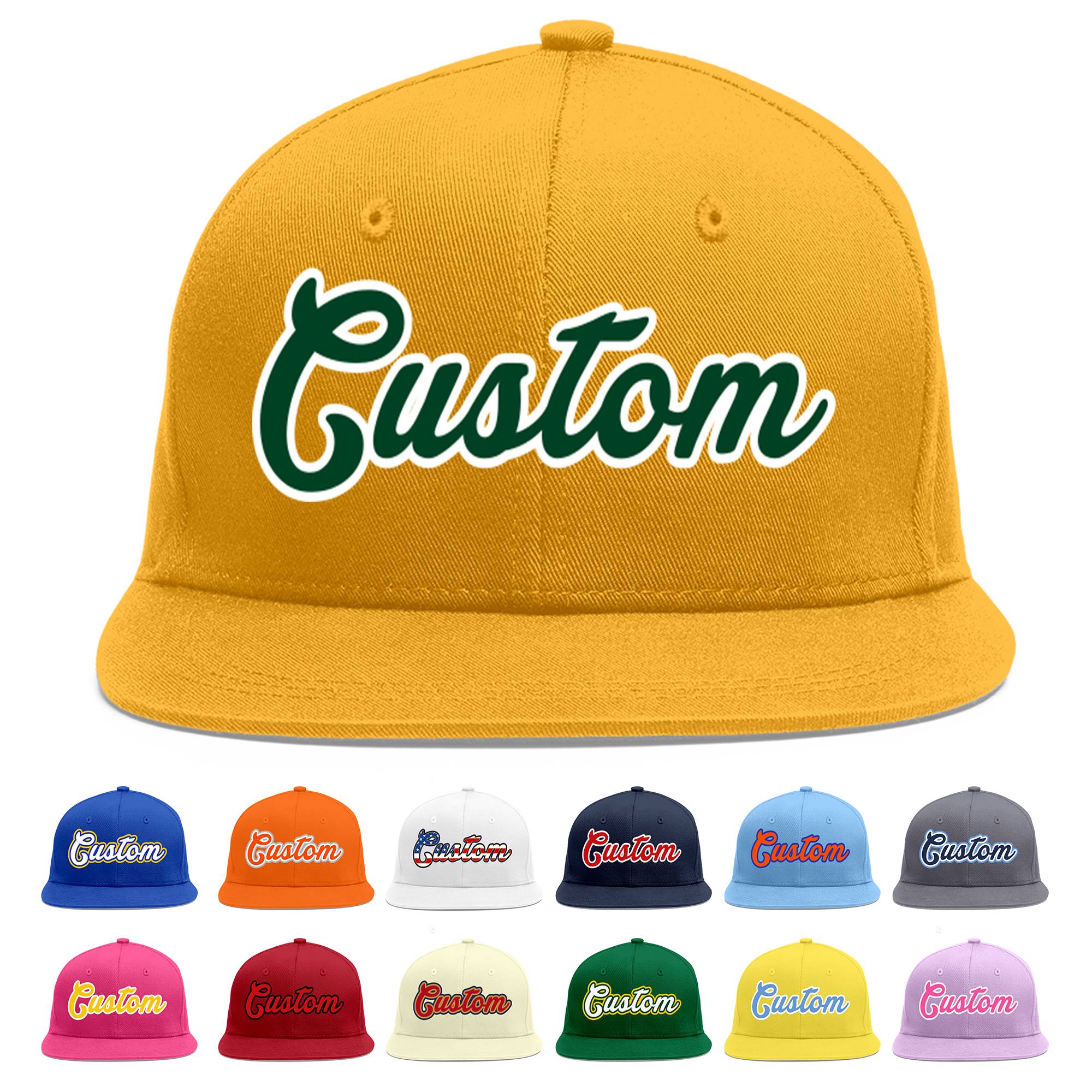 Custom Gold Green-White Flat Eaves Sport Baseball Cap