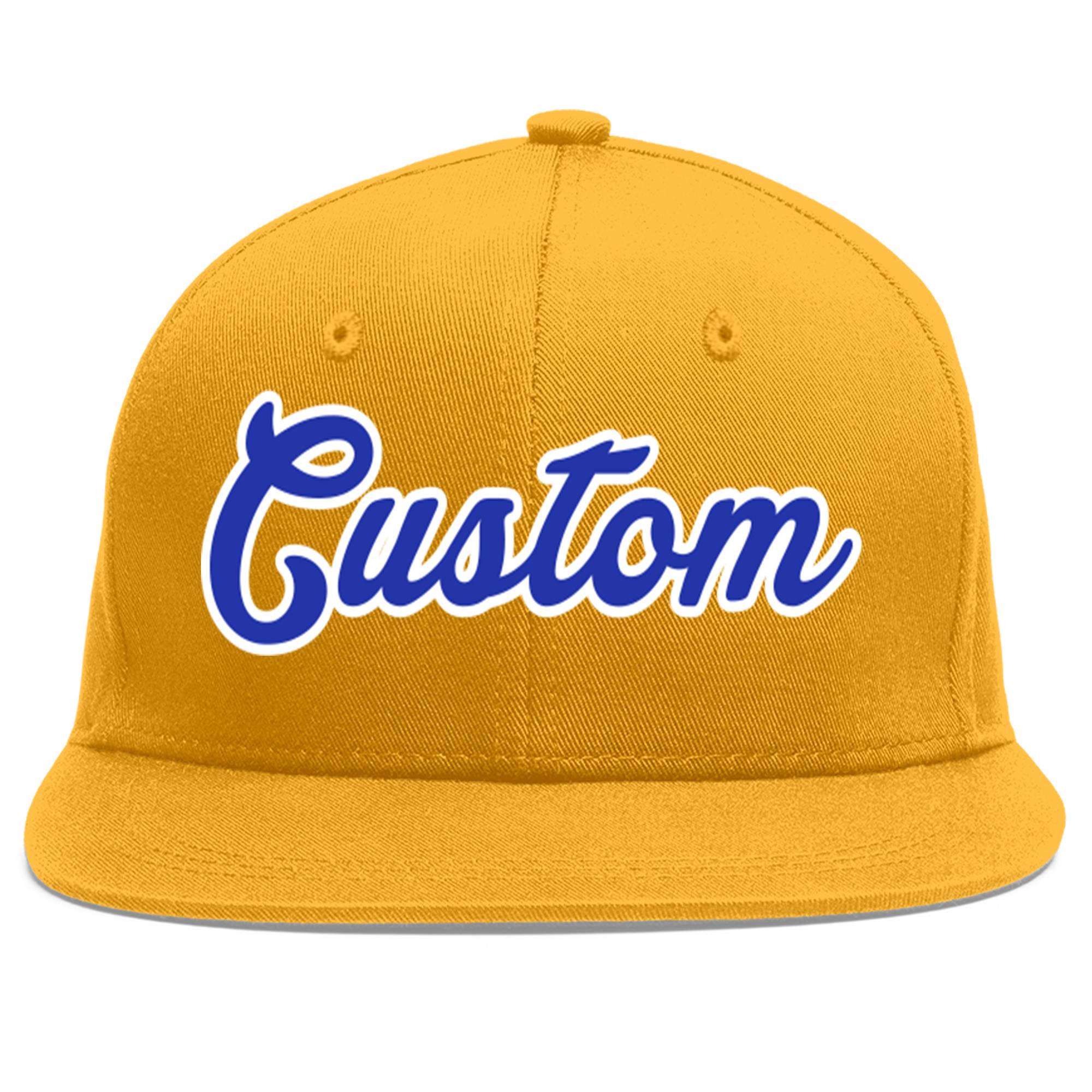 Custom Gold Royal-White Flat Eaves Sport Baseball Cap