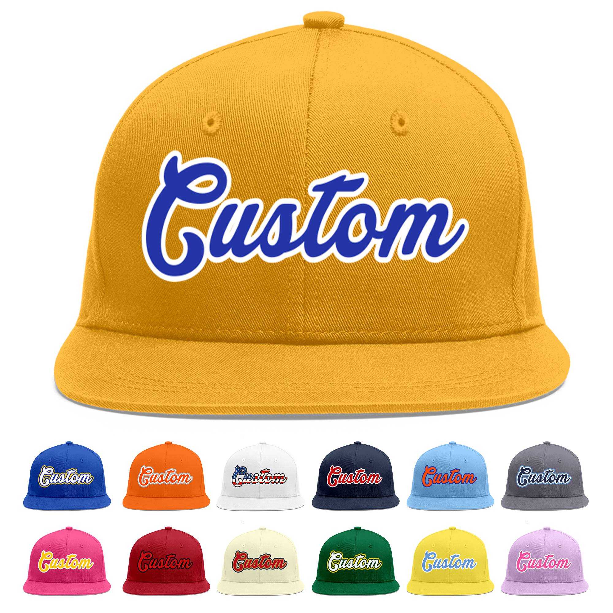 Custom Gold Royal-White Flat Eaves Sport Baseball Cap