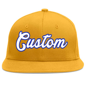 Casquette de baseball personnalisée Gold White-Royal Flat Eaves Sport