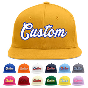 Casquette de baseball personnalisée Gold White-Royal Flat Eaves Sport