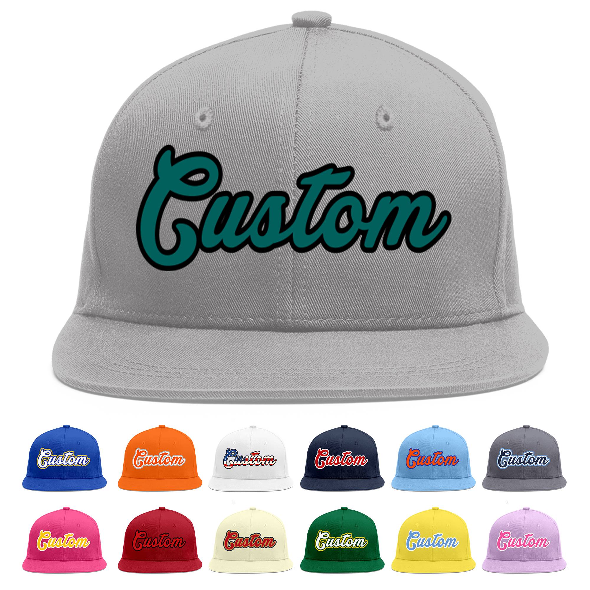 Custom Gray Aqua-Black Flat Eaves Sport Baseball Cap