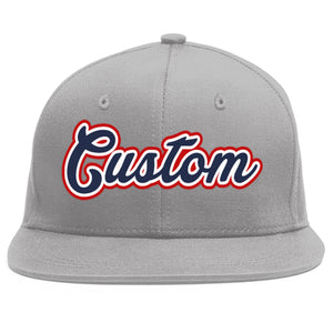 Custom Gray Navy-White Flat Eaves Sport Baseball Cap