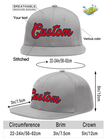 Custom Gray Red-Navy Flat Eaves Sport Baseball Cap