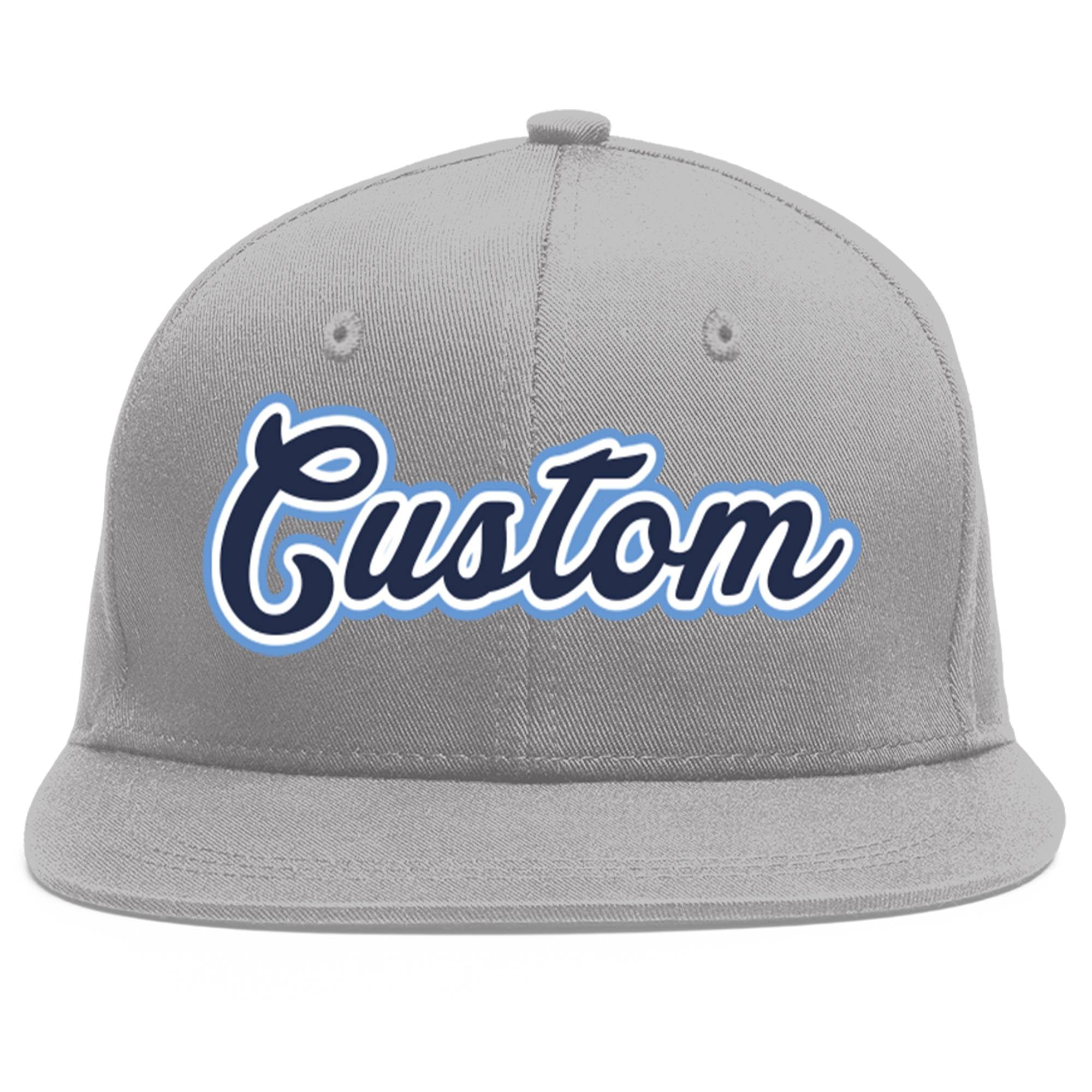 Custom Gray Navy-White Flat Eaves Sport Baseball Cap