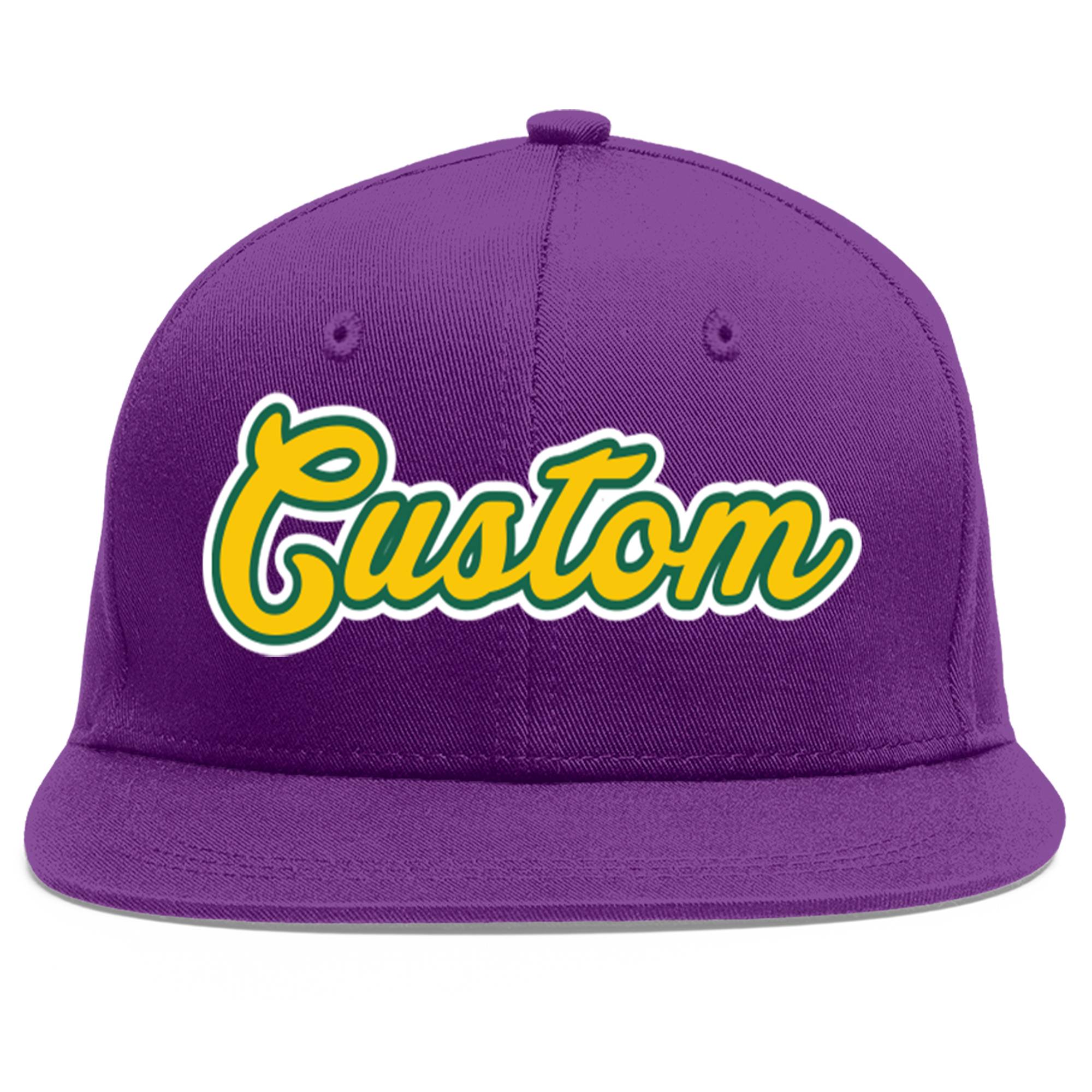 Casquette de baseball sport personnalisée violet or-Kelly vert plat avant-toit