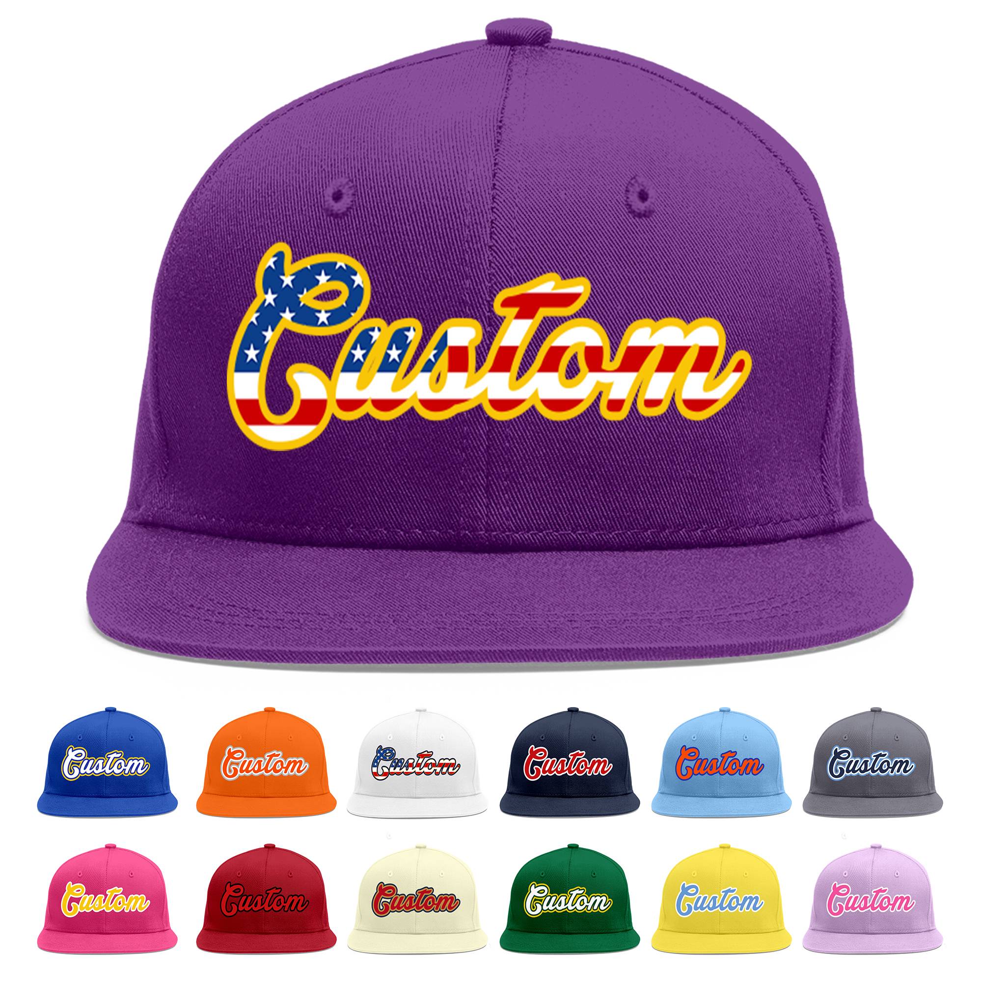 Casquette de baseball personnalisée avec drapeau américain vintage violet et or plat avant-toit