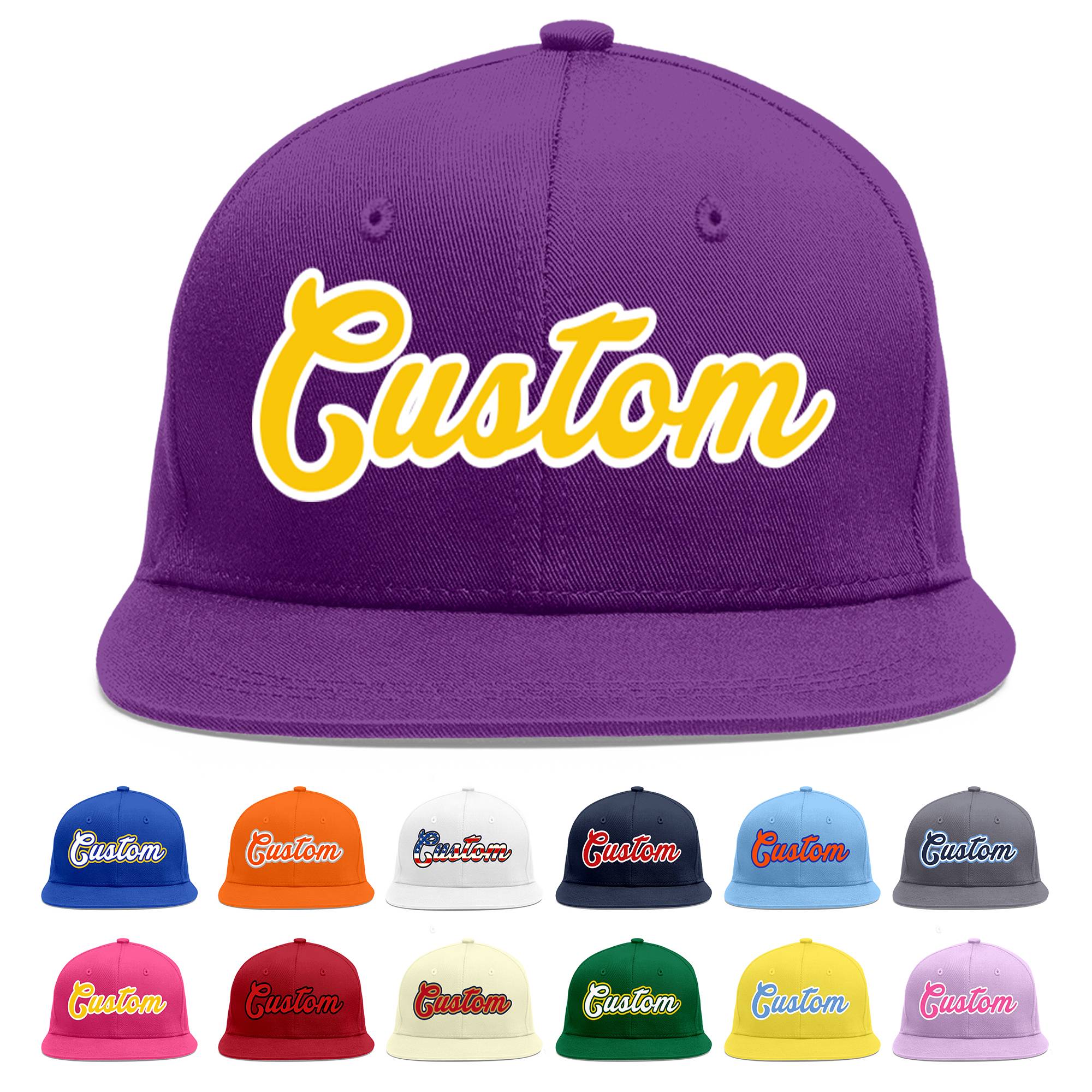 Casquette de baseball sport personnalisée violet or-blanc plat Eaves