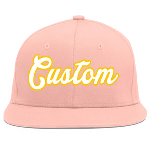 Custom Pink White-Gold Flat Eaves Sport Baseball Cap