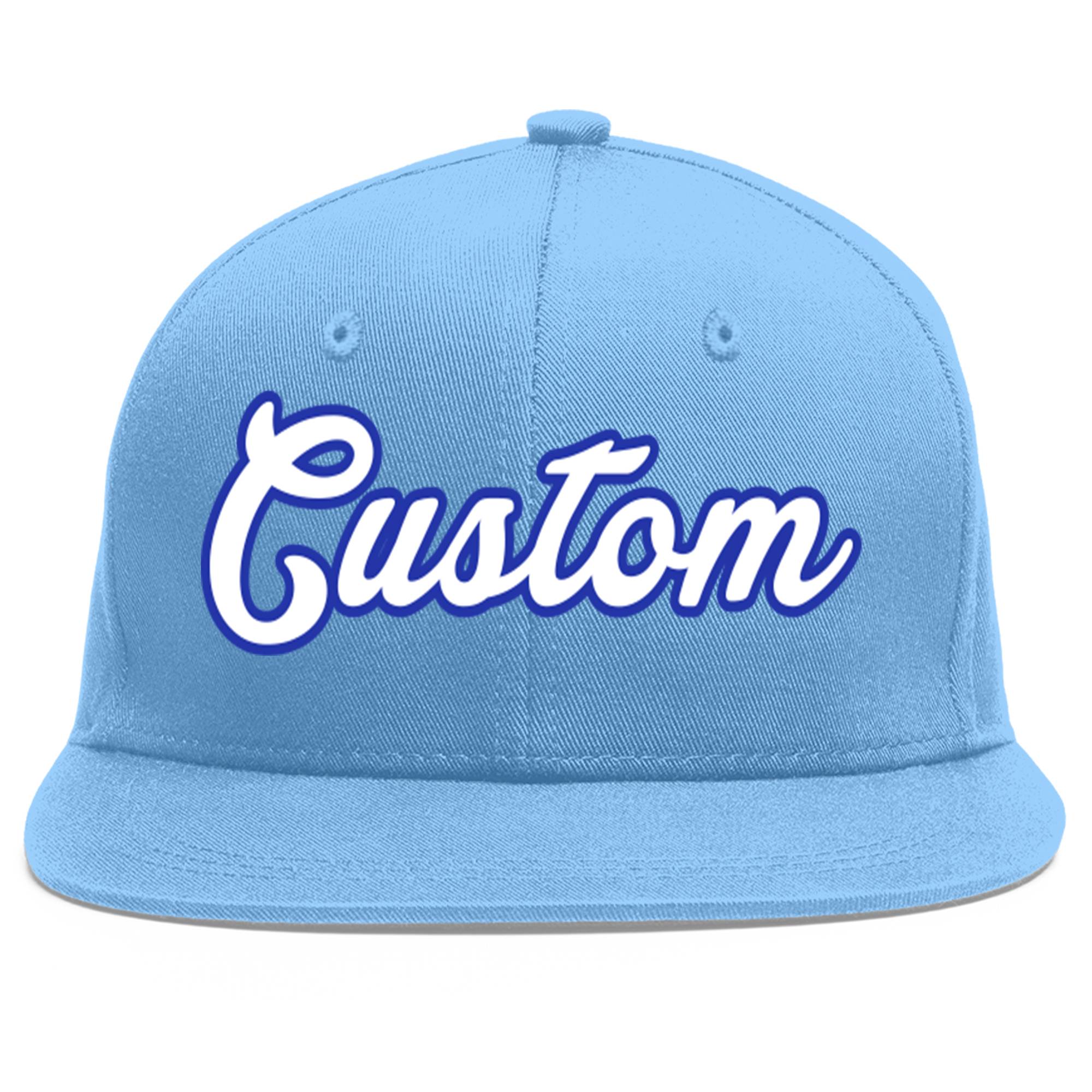 Custom Light Blue White-Royal Flat Eaves Sport Baseball Cap