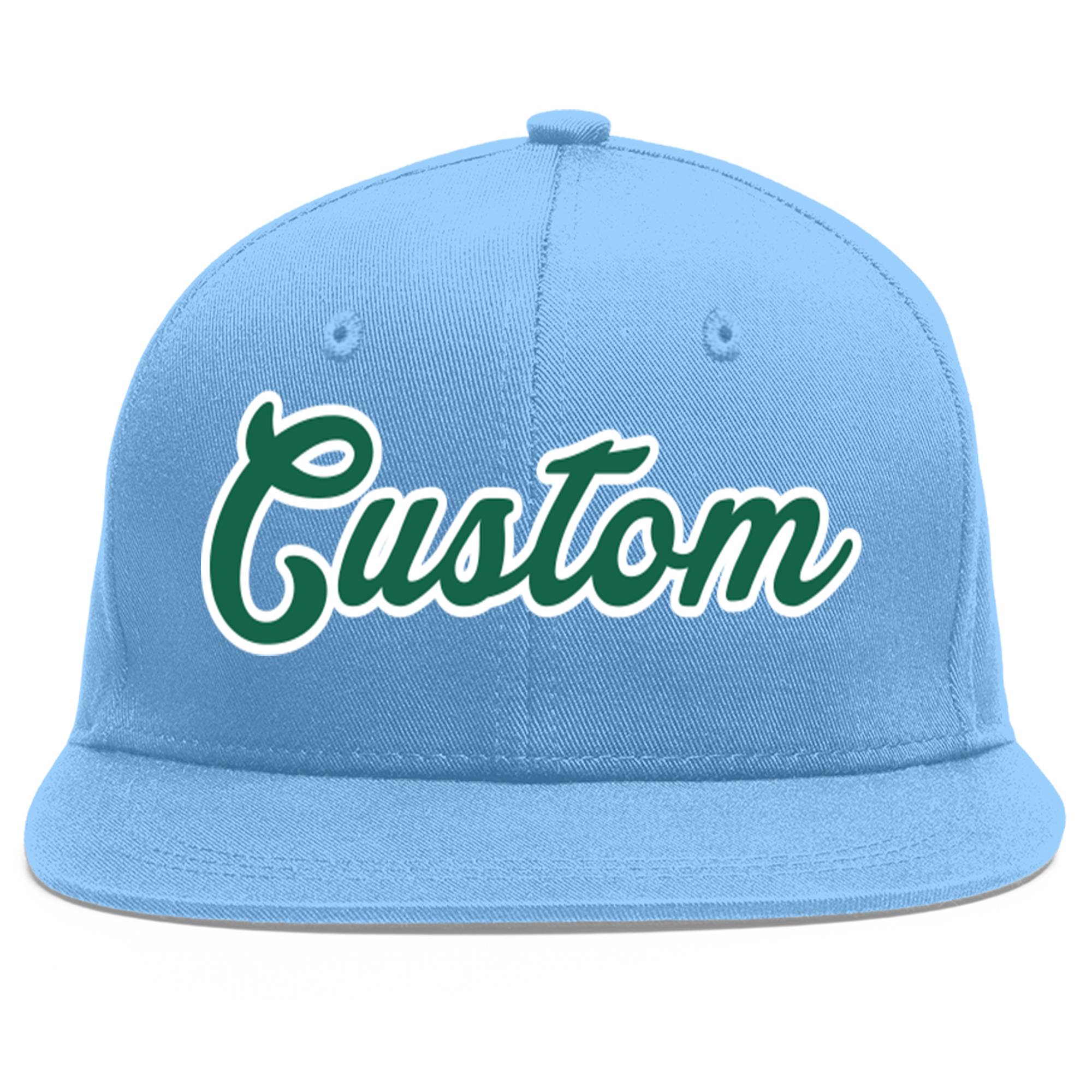 Custom Light Blue Kelly Green-White Flat Eaves Sport Baseball Cap