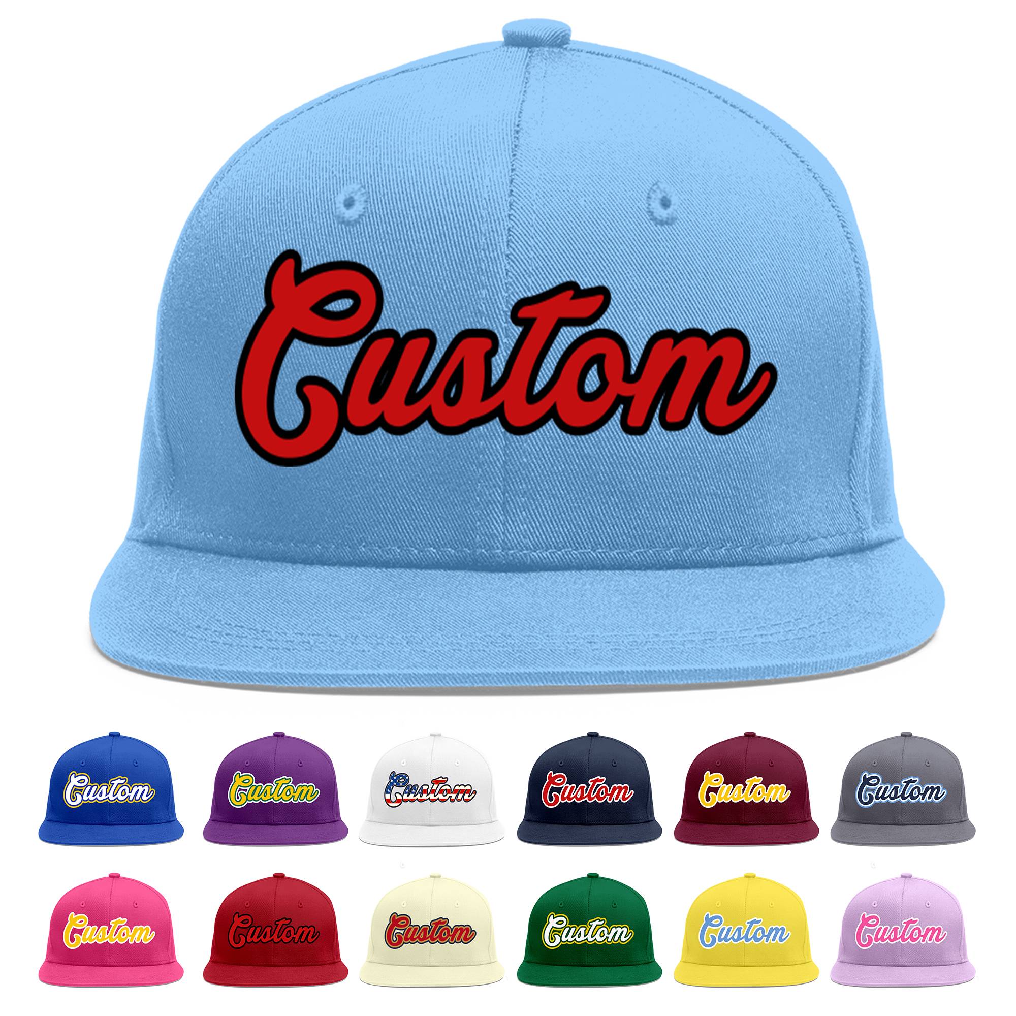 Custom Light Blue Red-Black Flat Eaves Sport Baseball Cap