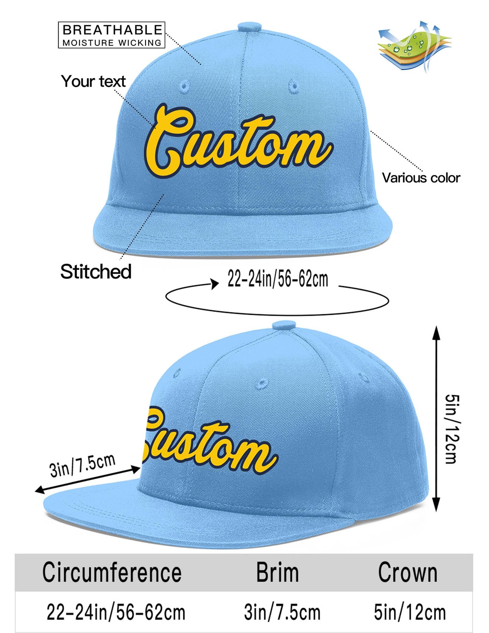 Custom Light Blue Gold-Navy Flat Eaves Sport Baseball Cap