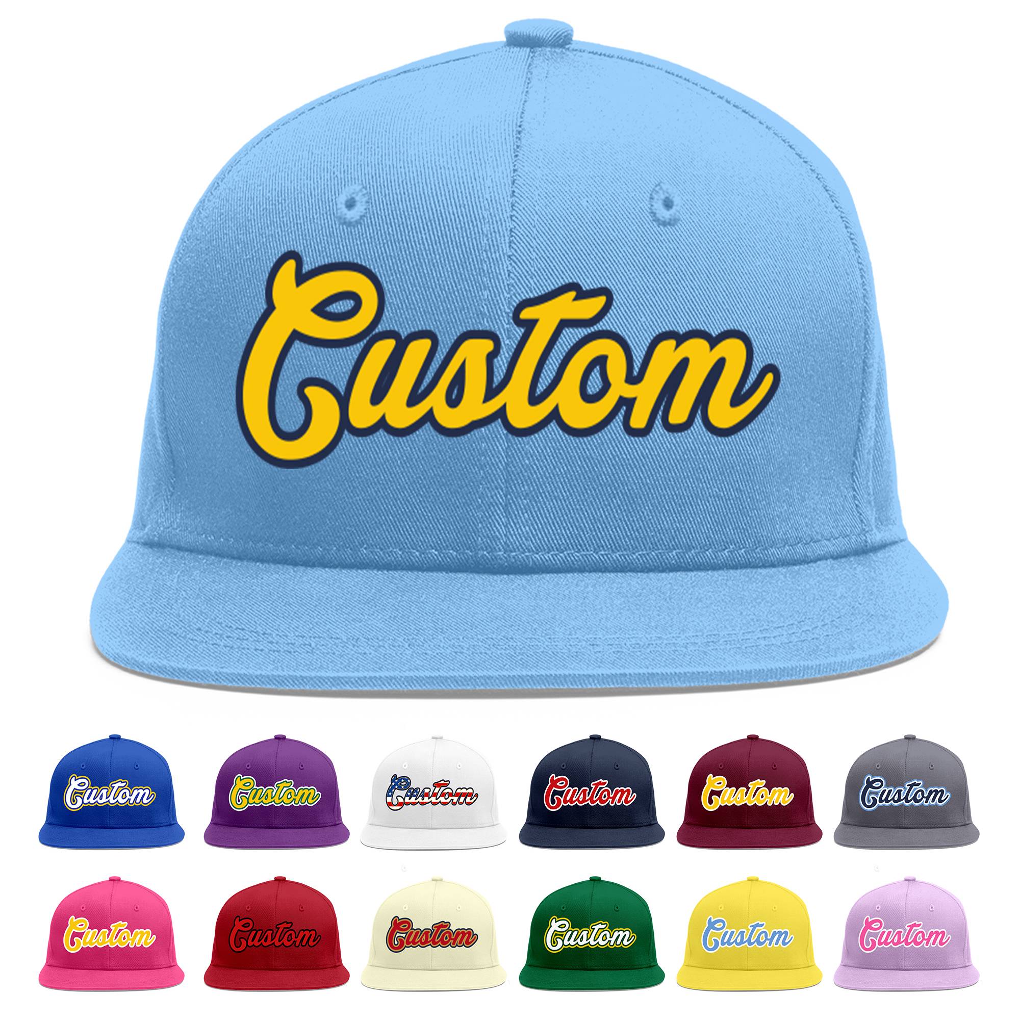 Custom Light Blue Gold-Navy Flat Eaves Sport Baseball Cap