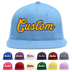 Custom Light Blue Yellow-Navy Flat Eaves Sport Baseball Cap