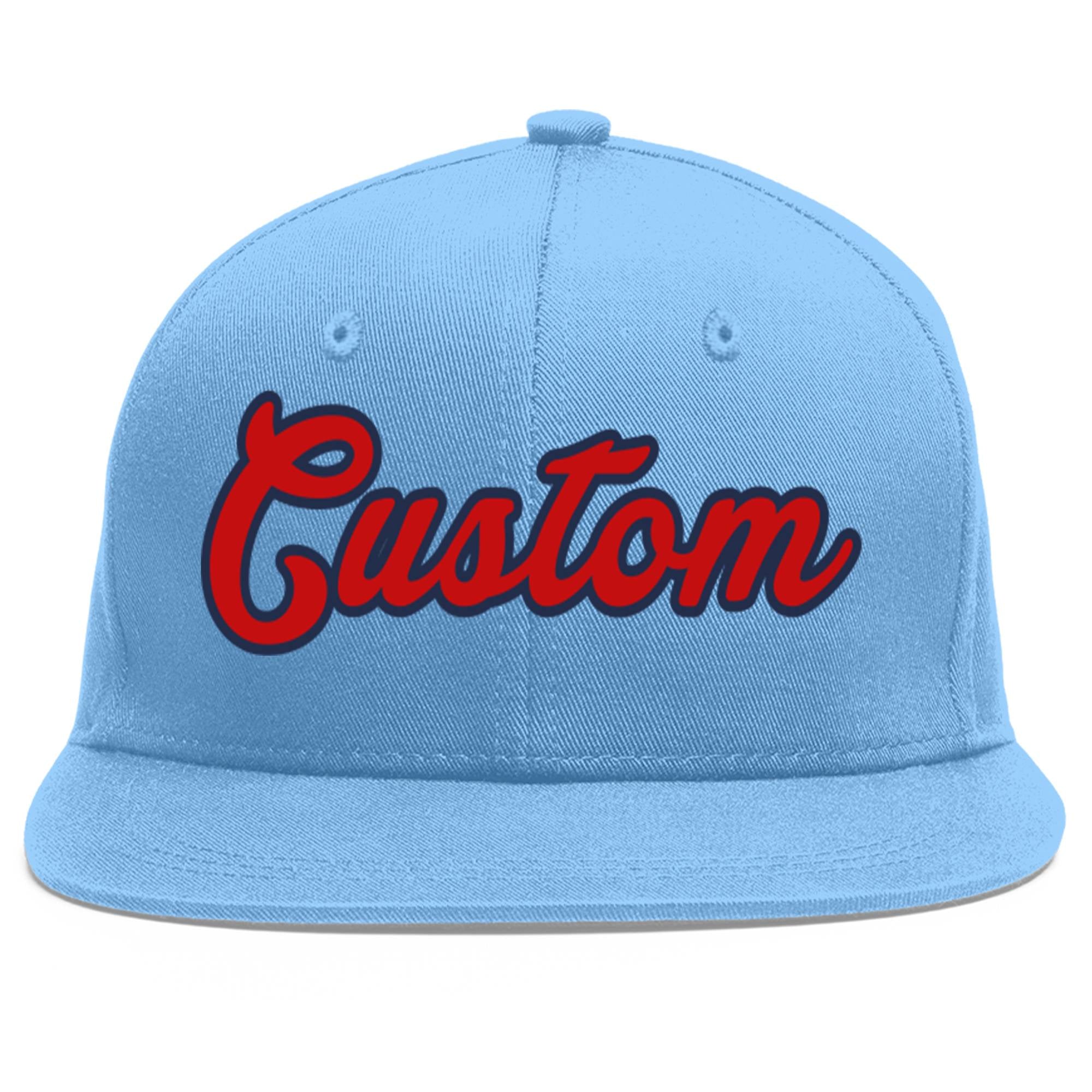 Custom Light Blue Red-Navy Flat Eaves Sport Baseball Cap