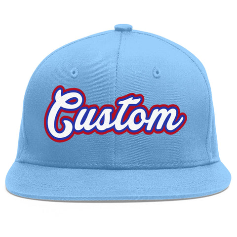 Custom Light Blue White-Royal Flat Eaves Sport Baseball Cap