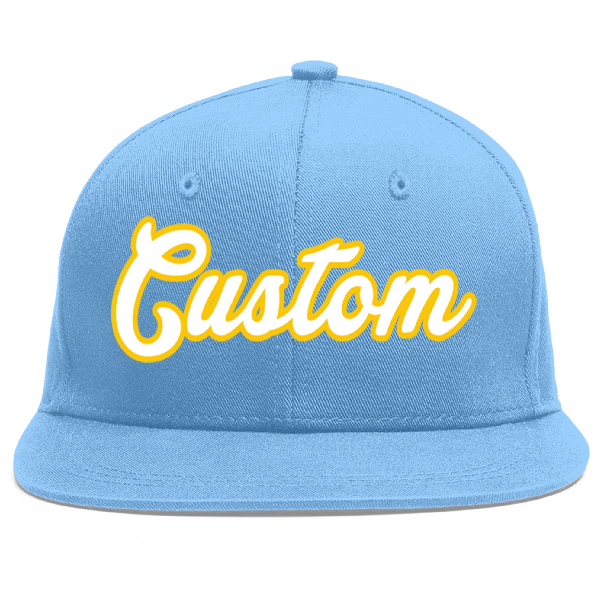 Custom Light Blue White-Gold Flat Eaves Sport Baseball Cap