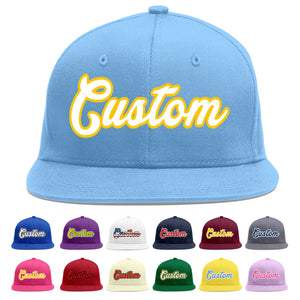 Custom Light Blue White-Gold Flat Eaves Sport Baseball Cap