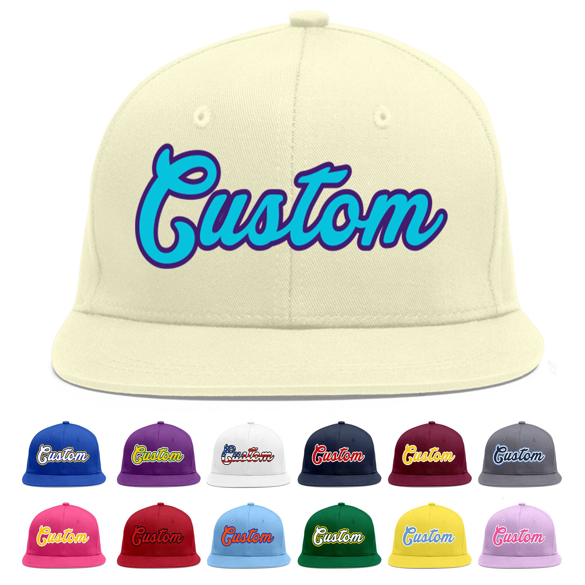 Custom Cream Light Blue-purple Flat Eaves Sport Baseball Cap