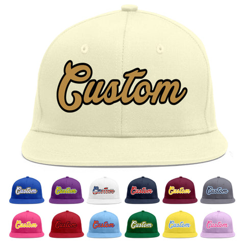 Custom Cream Old Gold-Black Flat Eaves Sport Baseball Cap