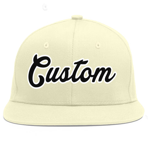 Custom Cream Black-White Flat Eaves Sport Baseball Cap