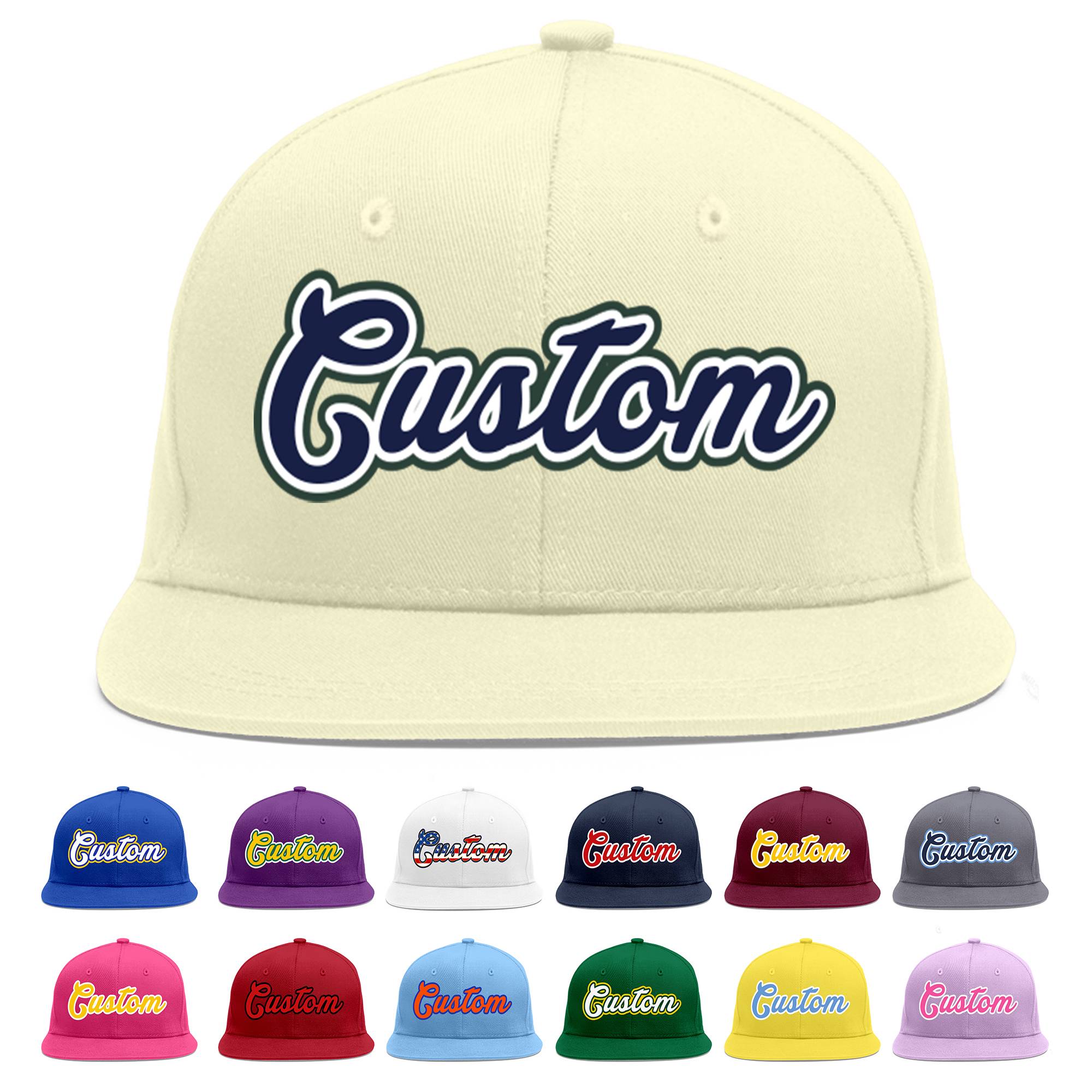 Custom Cream Navy-White Flat Eaves Sport Baseball Cap