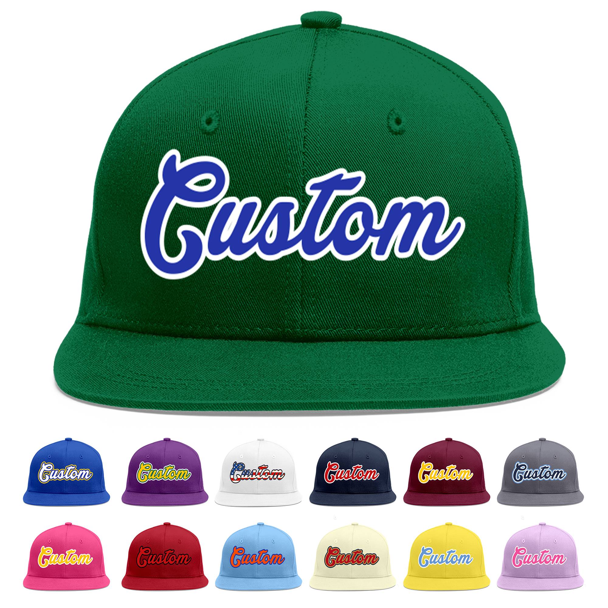 Custom Green Royal-White Flat Eaves Sport Baseball Cap