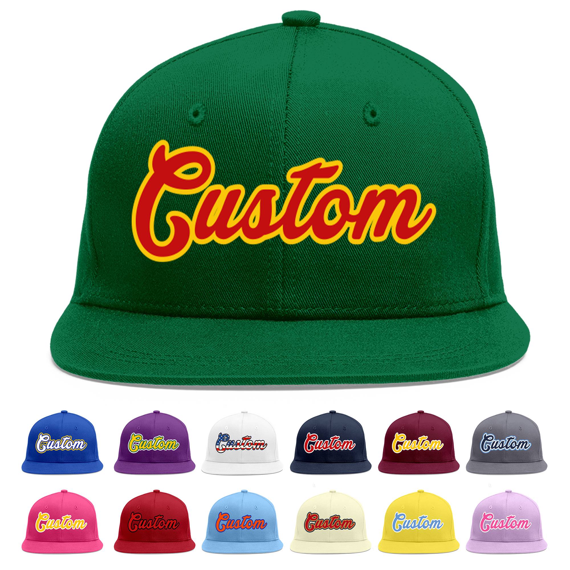 Custom Green Red-Yellow Flat Eaves Sport Baseball Cap