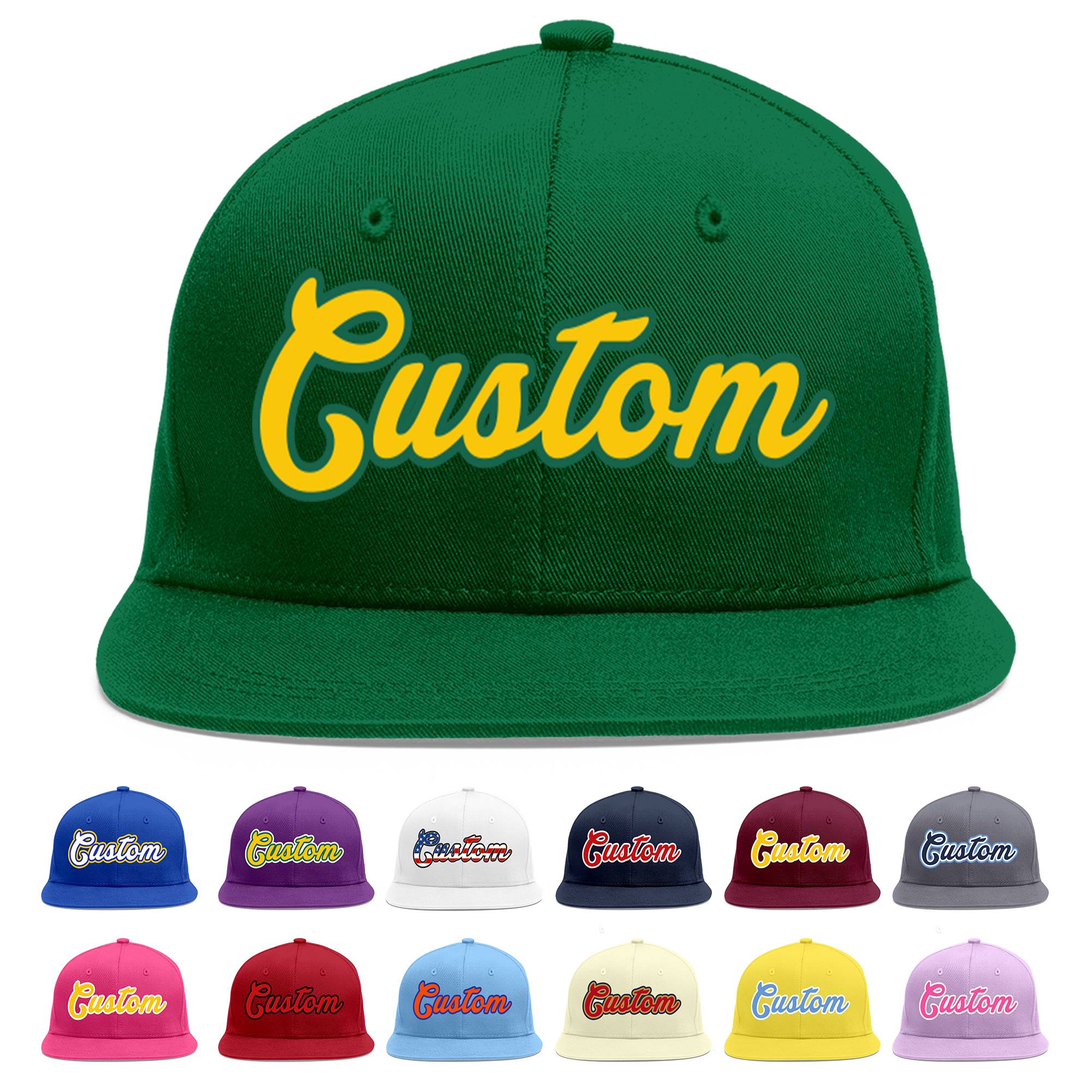 Custom Green Gold-Kelly Green Flat Eaves Sport Baseball Cap